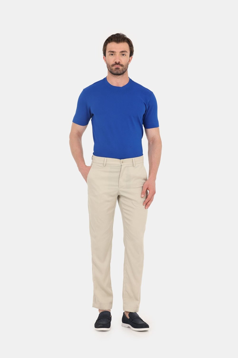 Erkek Saks Mavi Normal Kesim Regular Fit %100 Pamuk Dokuma Bisiklet Yaka Basic T-Shirt