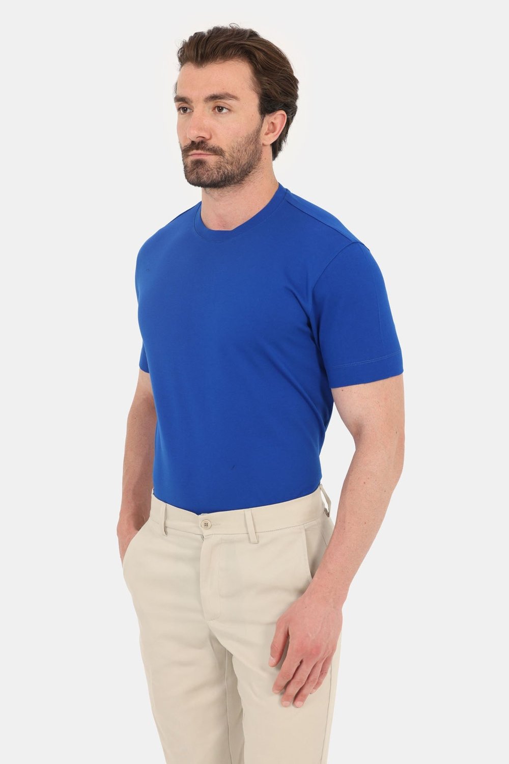 Erkek Saks Mavi Normal Kesim Regular Fit %100 Pamuk Dokuma Bisiklet Yaka Basic T-Shirt