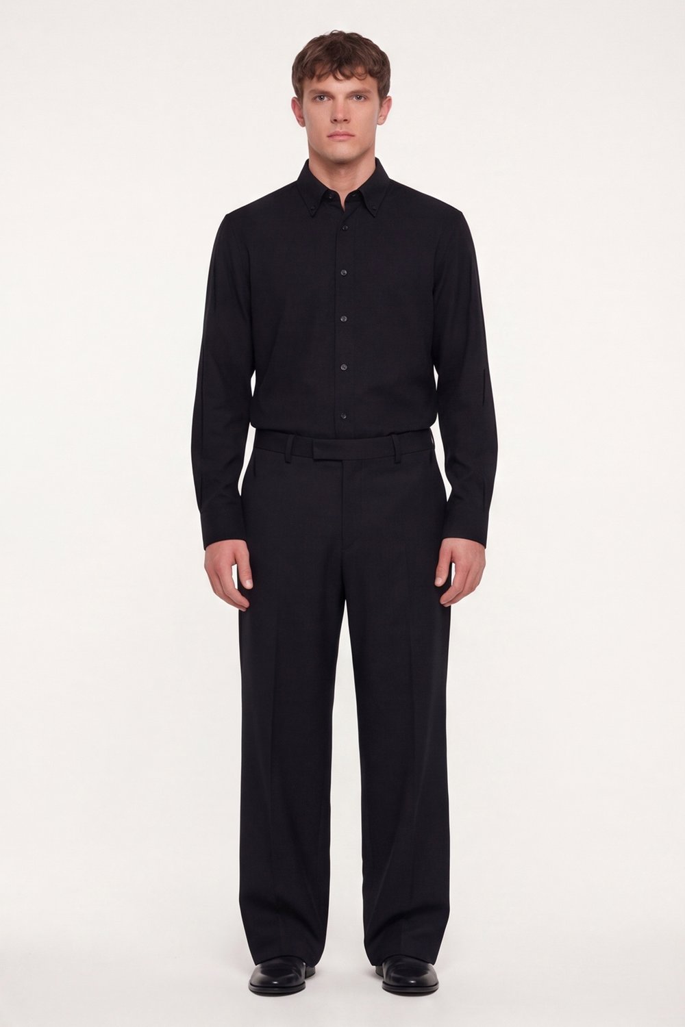 Erkek Siyah Dar Kesim Slim Fit Pamuklu Düz Örme Uzun Kollu Düğmeli Yaka Gömlek