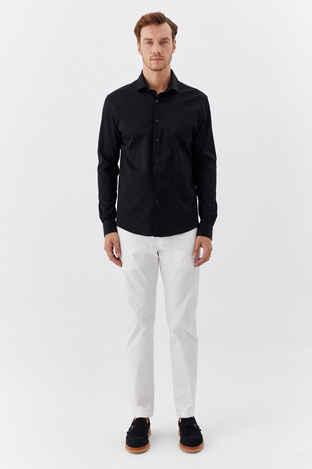 Erkek Siyah Dar Kesim Slim Fit %100 Pamuk Düz Dokuma Klasik Yaka Gömlek