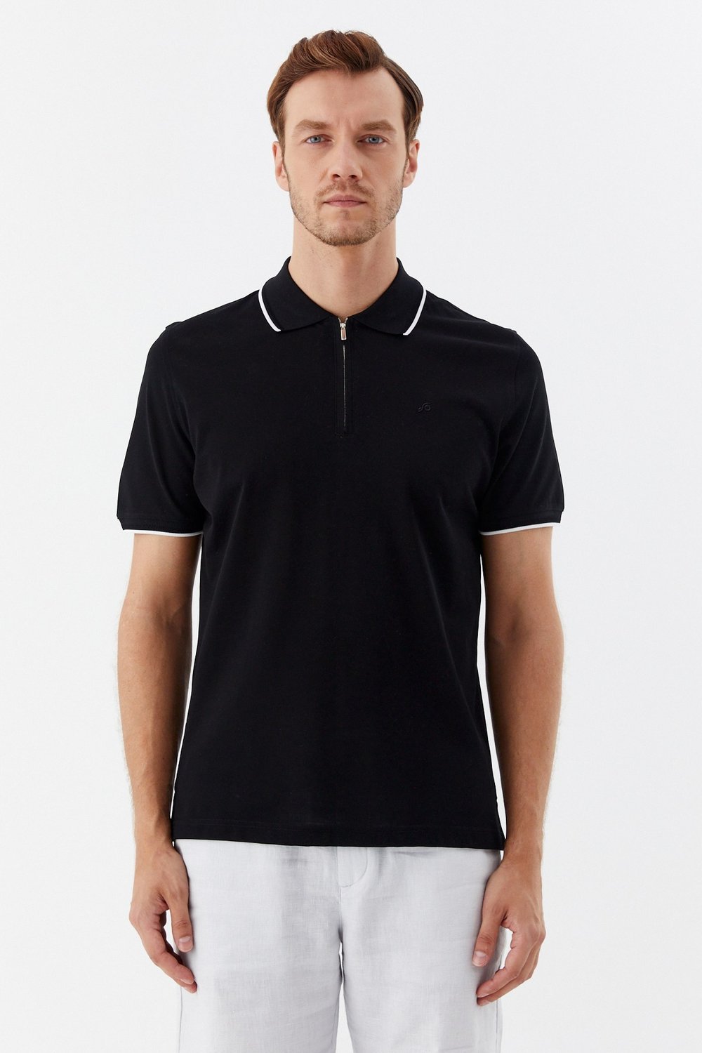 Siyah Regular Fit %100 Pamuk Fermuarlı Polo Yaka T-shirt