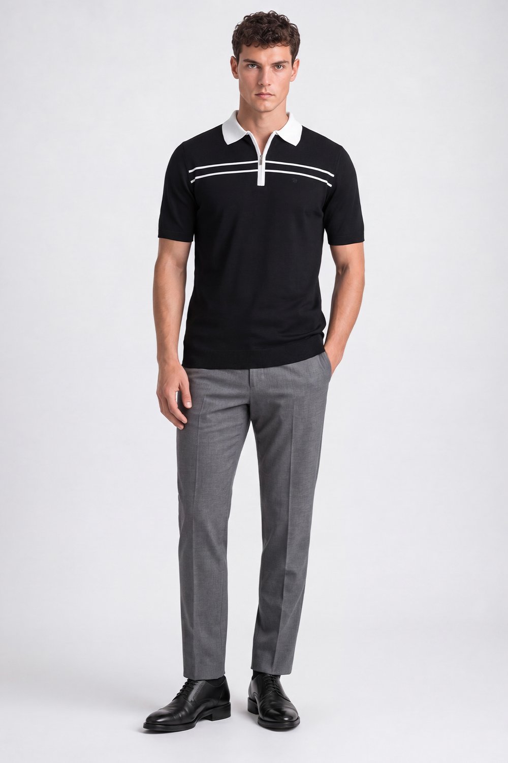 Siyah Regular Fit Örme Fermuarlı Polo Yaka Triko T-shirt