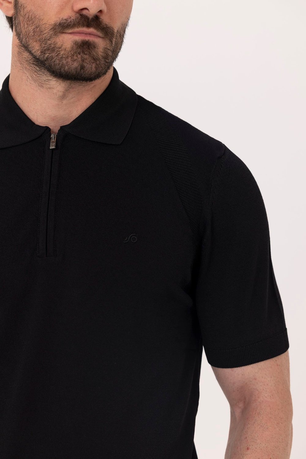 Siyah Reglan Fermuarlı Polo Yaka Triko T-shırt