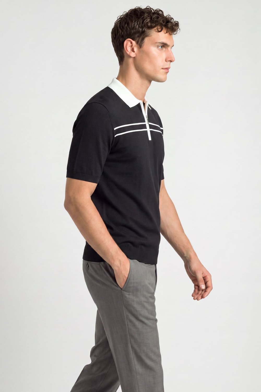 Siyah Regular Fit Örme Fermuarlı Polo Yaka Triko T-shirt