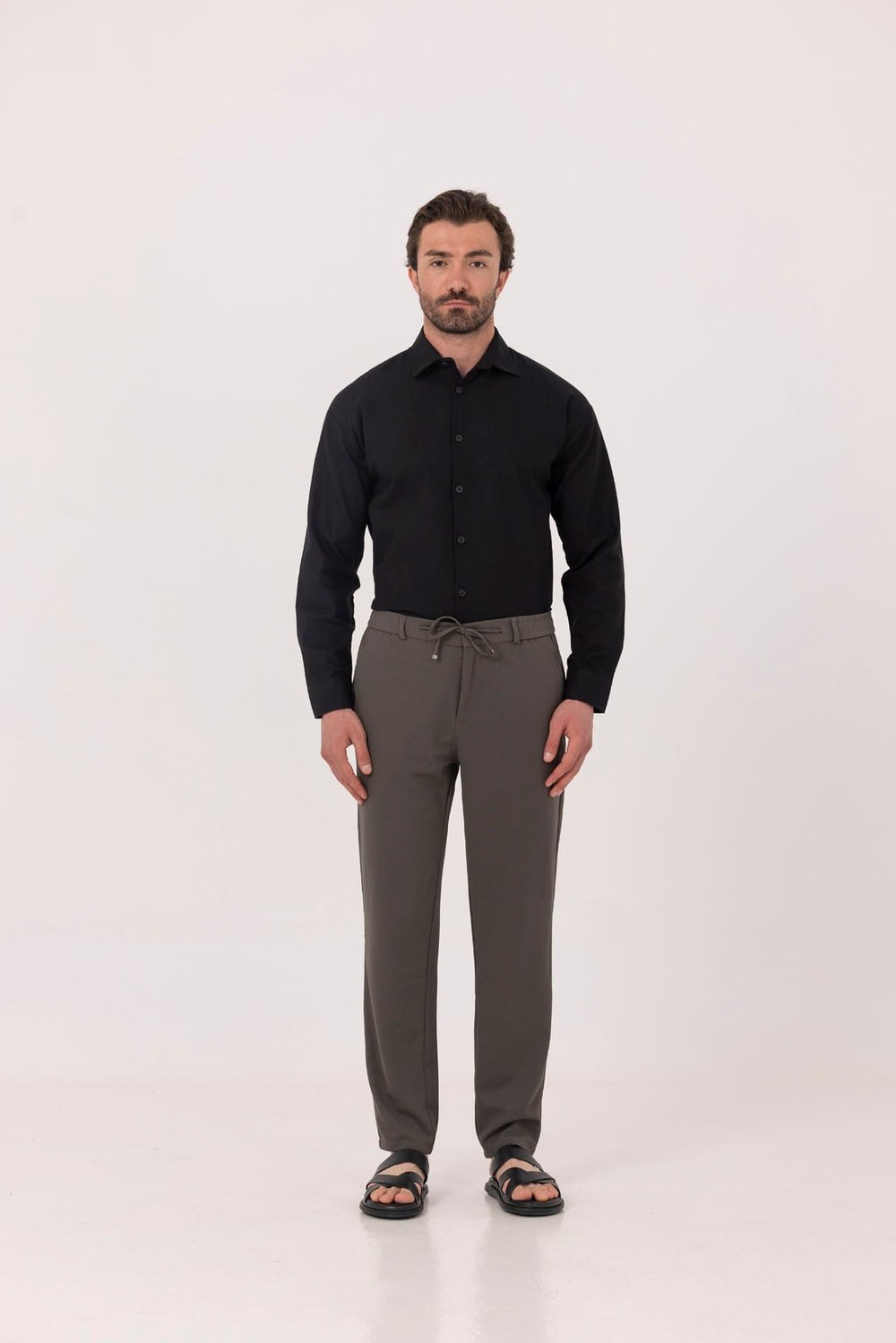 Siyah Regular Fit Keten Görünümlü %100 Pamuk Gömlek