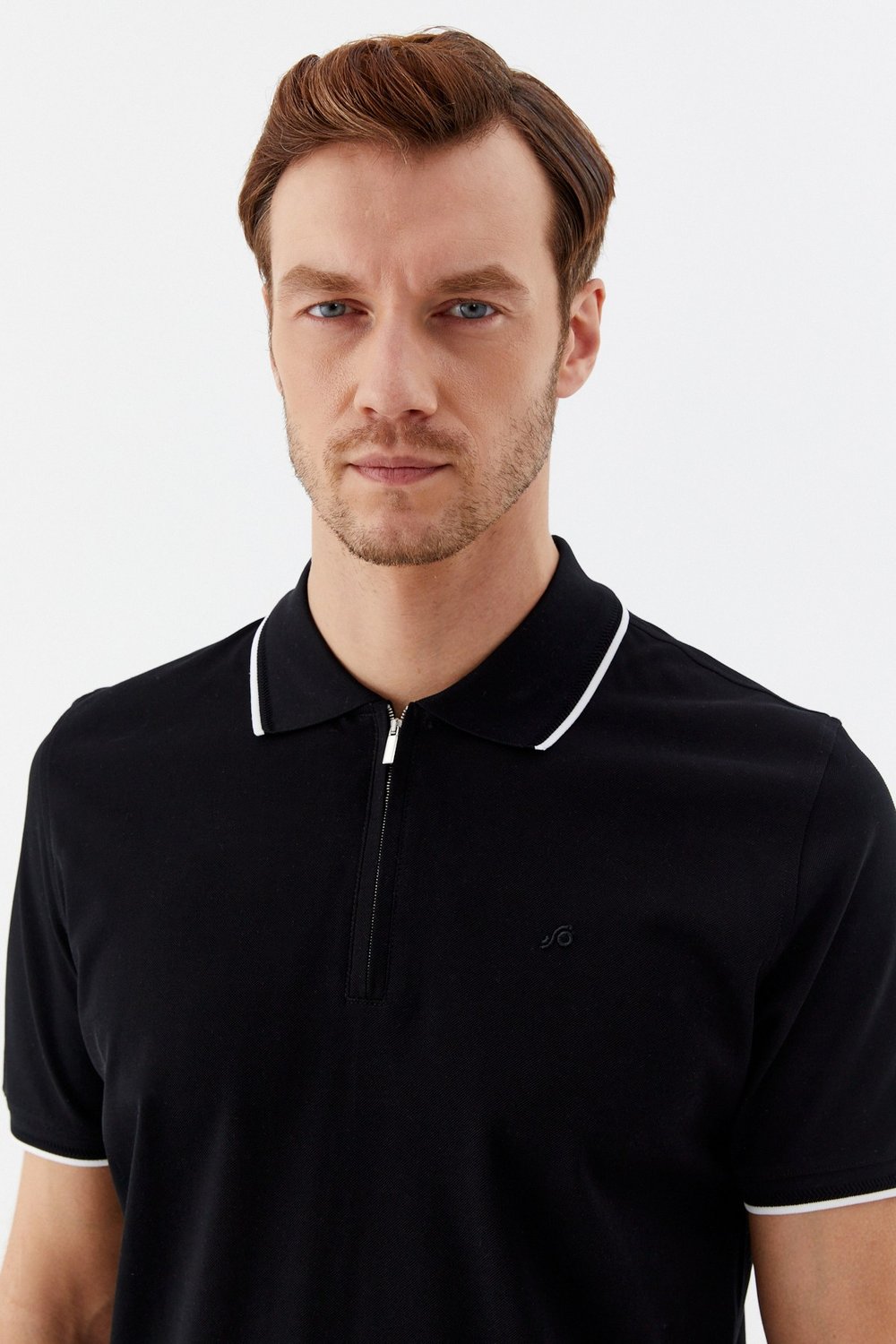 Siyah Regular Fit %100 Pamuk Fermuarlı Polo Yaka T-shirt