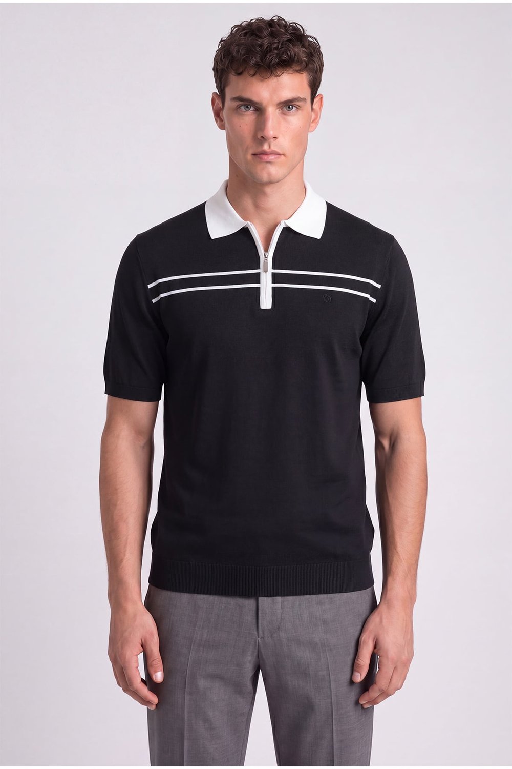 Siyah Regular Fit Örme Fermuarlı Polo Yaka Triko T-shirt