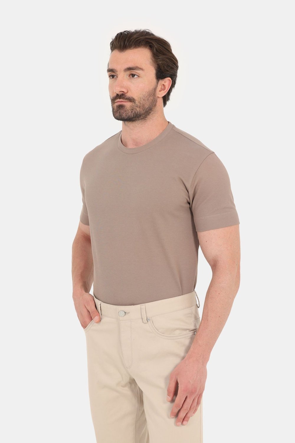 Erkek Taba Normal Kesim Regular Fit %100 Pamuk Dokuma Bisiklet Yaka Basic T-Shirt
