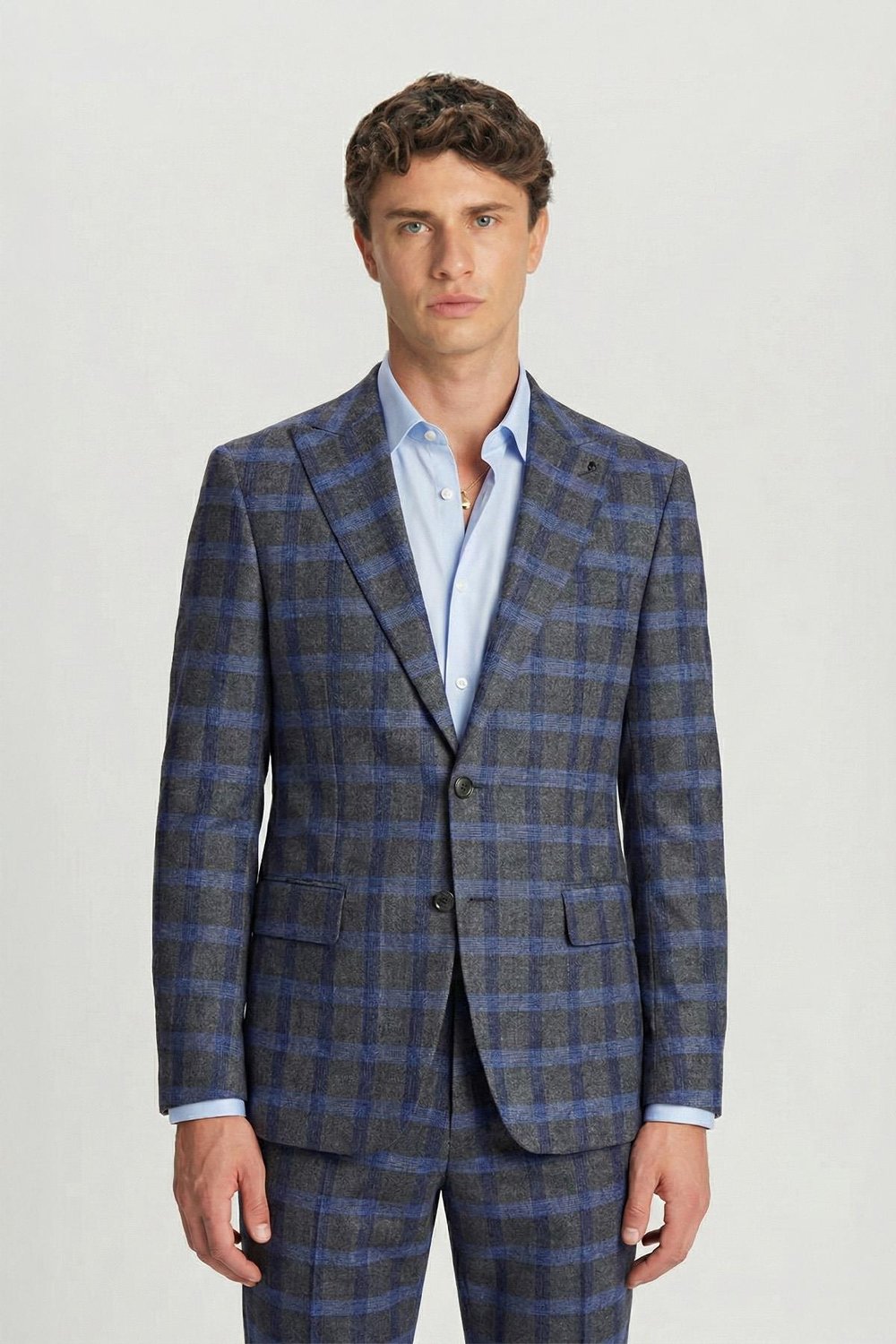 Giotelli Gri Slim Fit Ekose Desenli Mono Yaka Takım Elbise