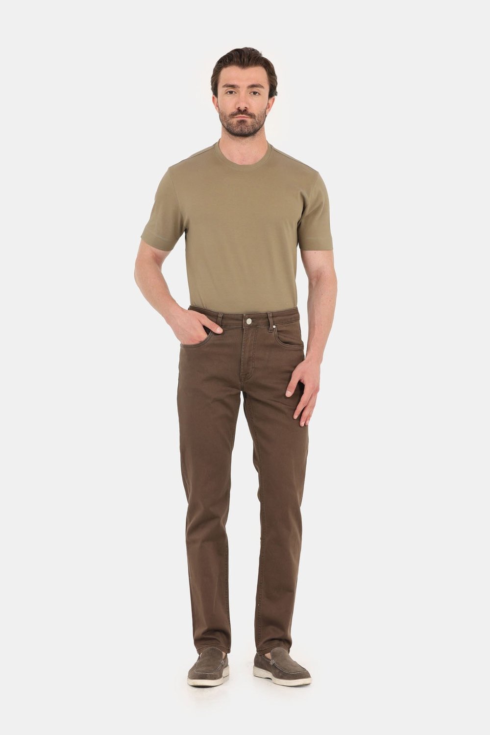 Erkek Vizon Normal Kesim Regular Fit %100 Pamuk Dokuma Bisiklet Yaka Basic T-Shirt