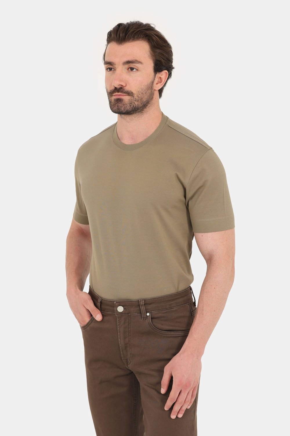 Erkek Vizon Normal Kesim Regular Fit %100 Pamuk Dokuma Bisiklet Yaka Basic T-Shirt