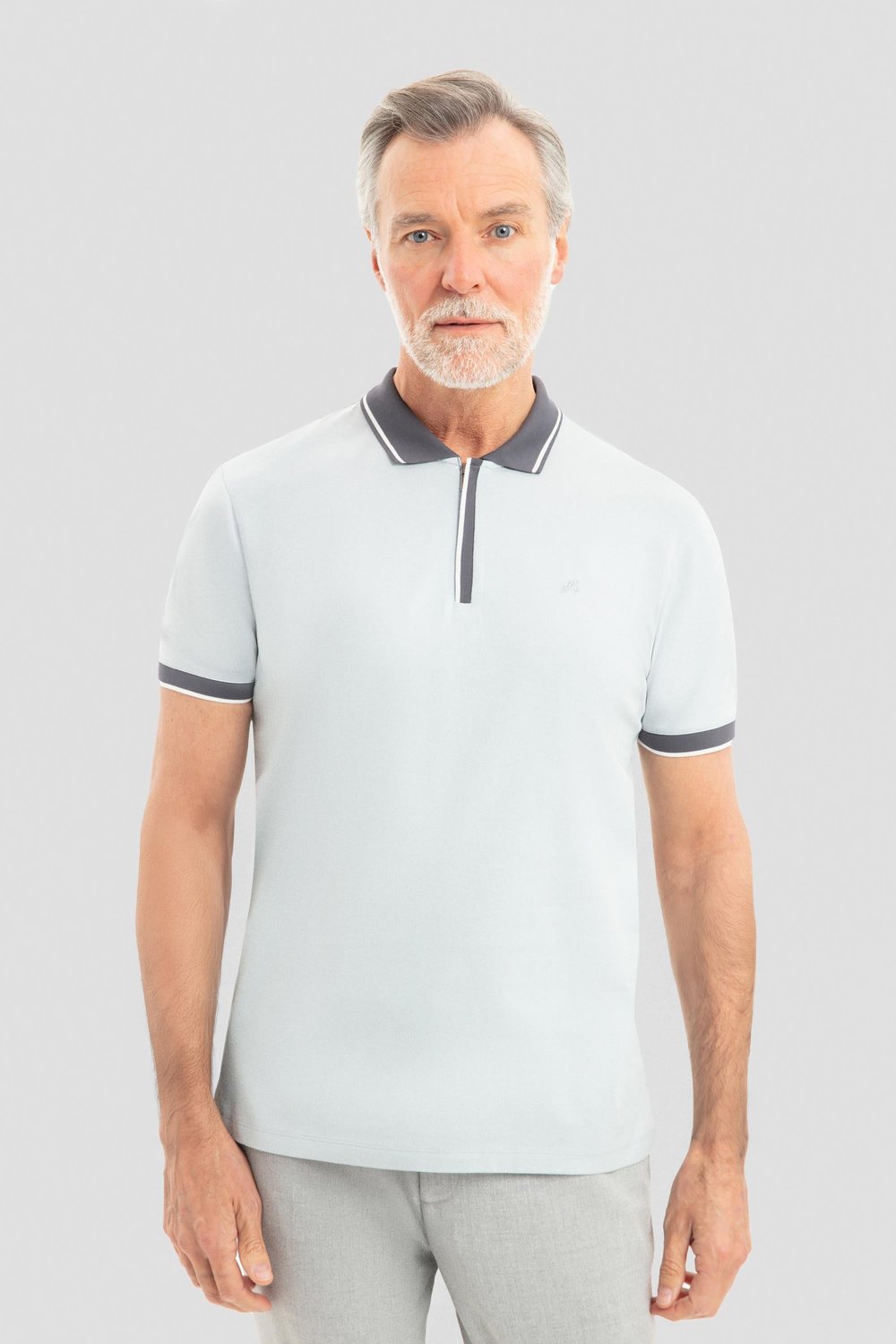 Fermuarlı Polo Yaka  Erkek T-Shirt Açık Gri