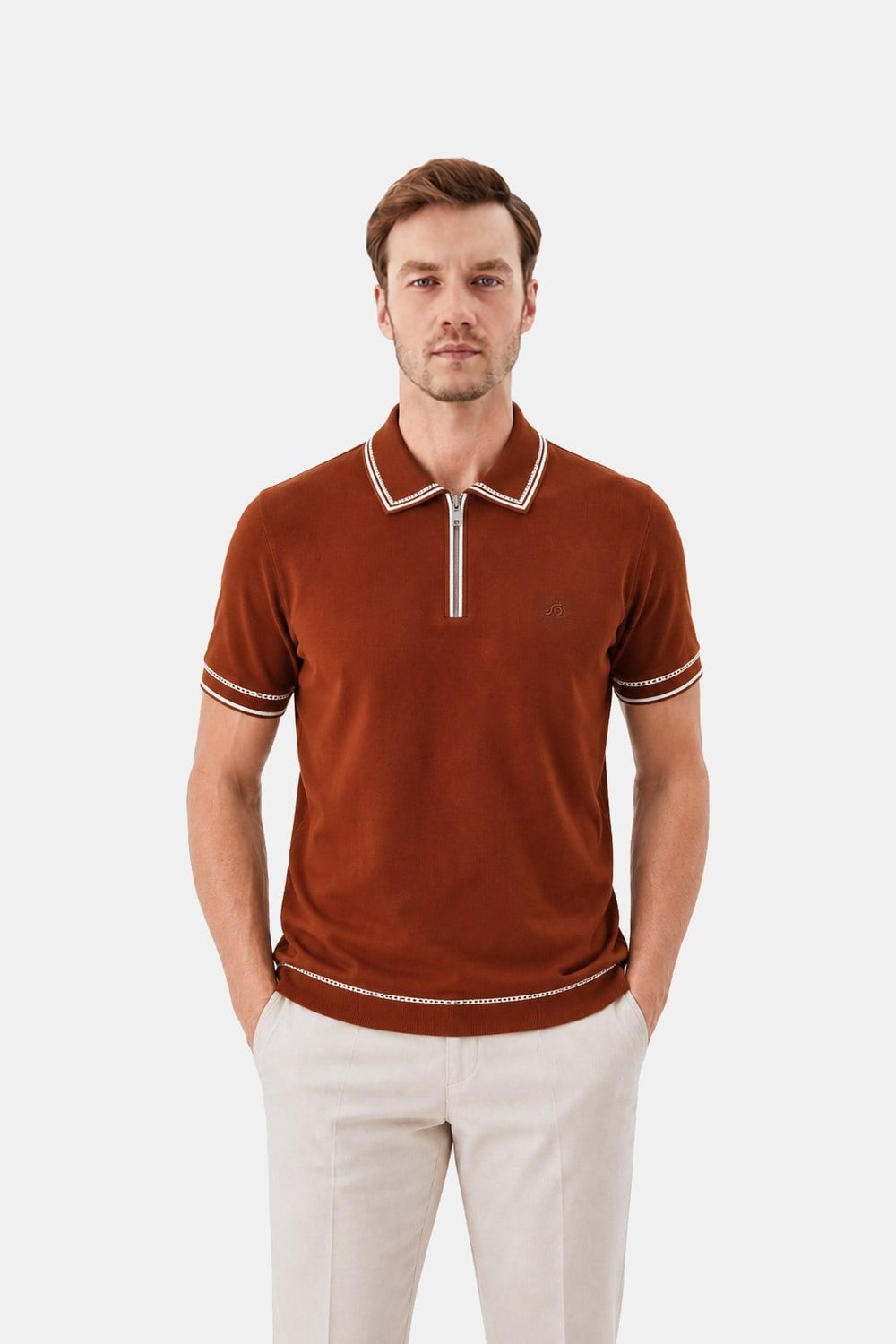 Fermuarlı Polo Yaka Triko T-Shirt Zencefil