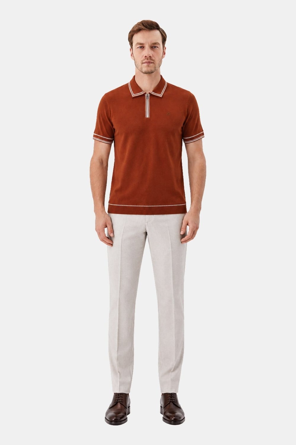 Fermuarlı Polo Yaka Triko T-Shirt Zencefil