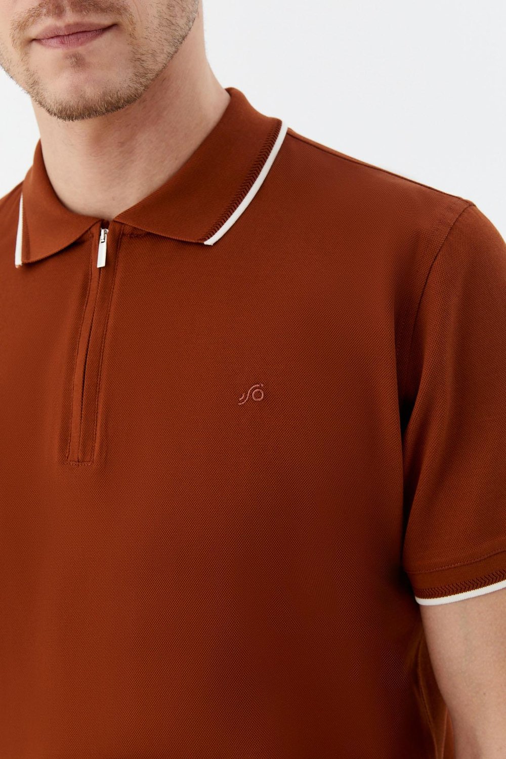 Kahve Regular Fit %100 Pamuk Fermuarlı Polo Yaka T-shirt