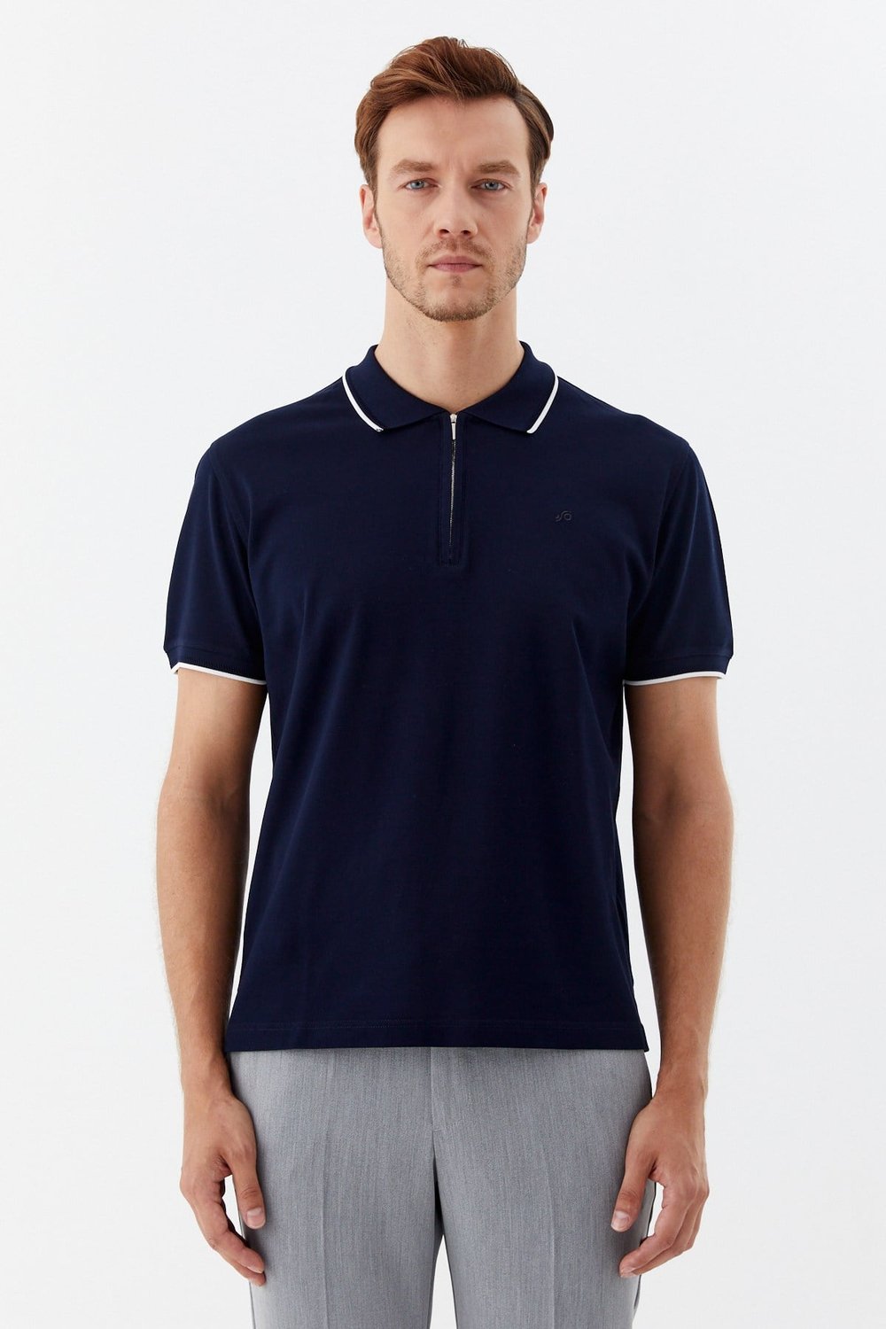Lacivert Regular Fit %100 Pamuk Fermuarlı Polo Yaka T-shirt