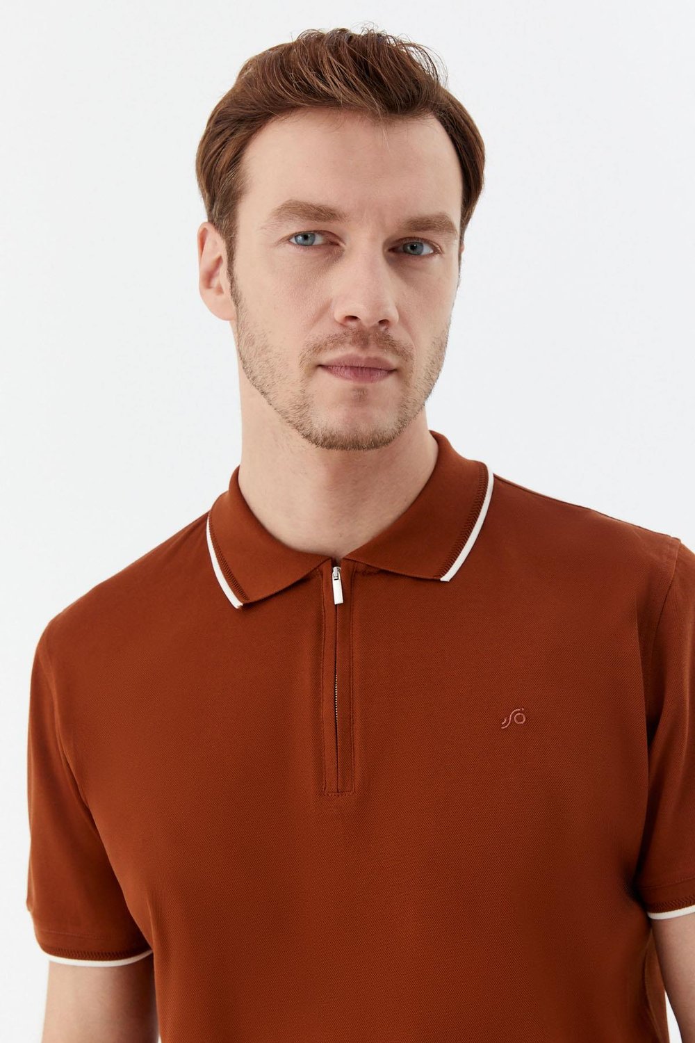 Kahve Regular Fit %100 Pamuk Fermuarlı Polo Yaka T-shirt