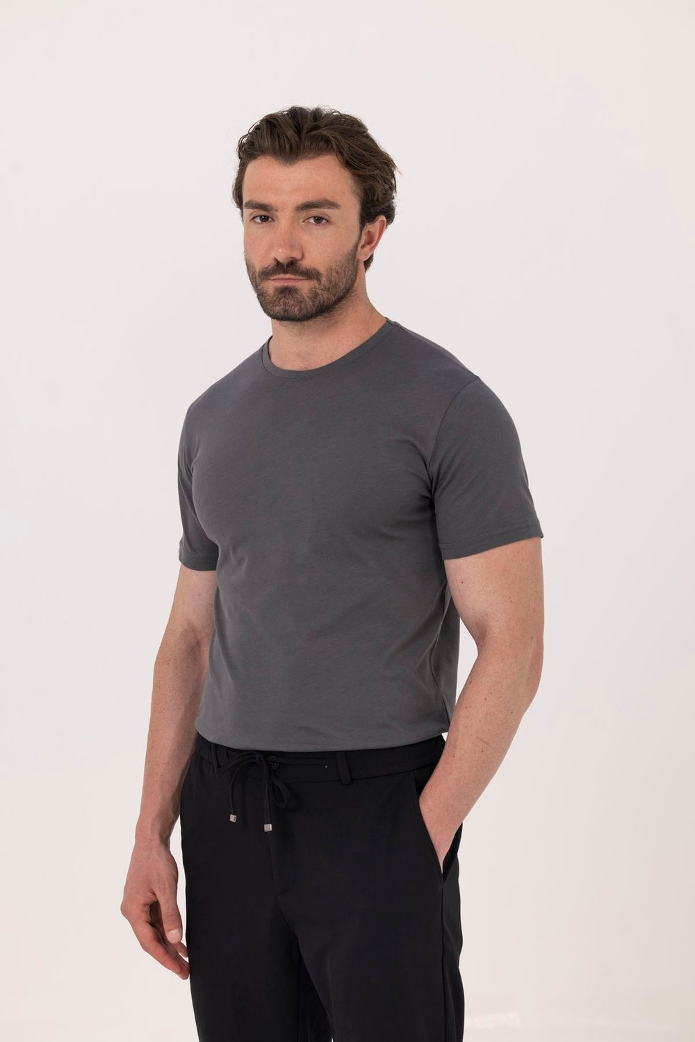 Füme %100 Pamuk Bisiklet Yaka Düz Renk Basic T-Shirt