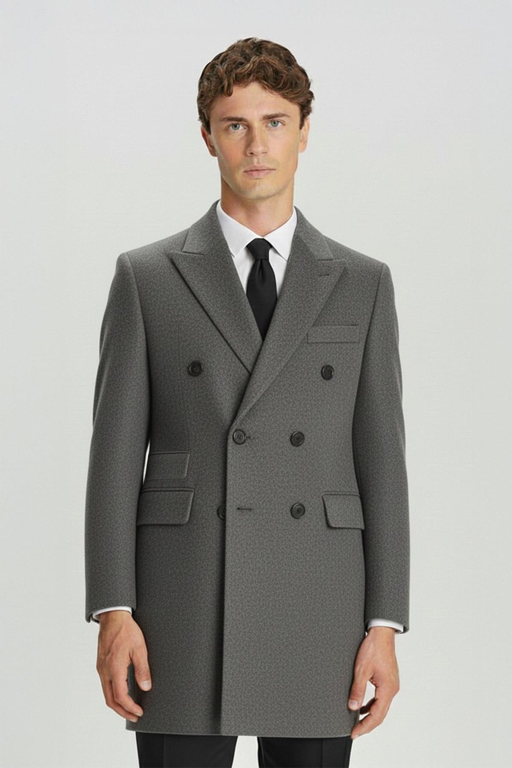 Giotelli Antrasit Slim Fit Yün Karışımlı Sivri Yaka Kruvaze 6 Drop Orta Boy Erkek Palto