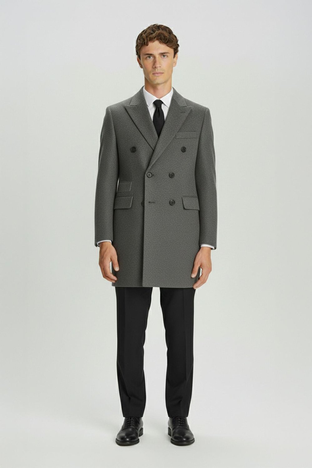 Giotelli Antrasit Slim Fit Yün Karışımlı Sivri Yaka Kruvaze 6 Drop Orta Boy Erkek Palto