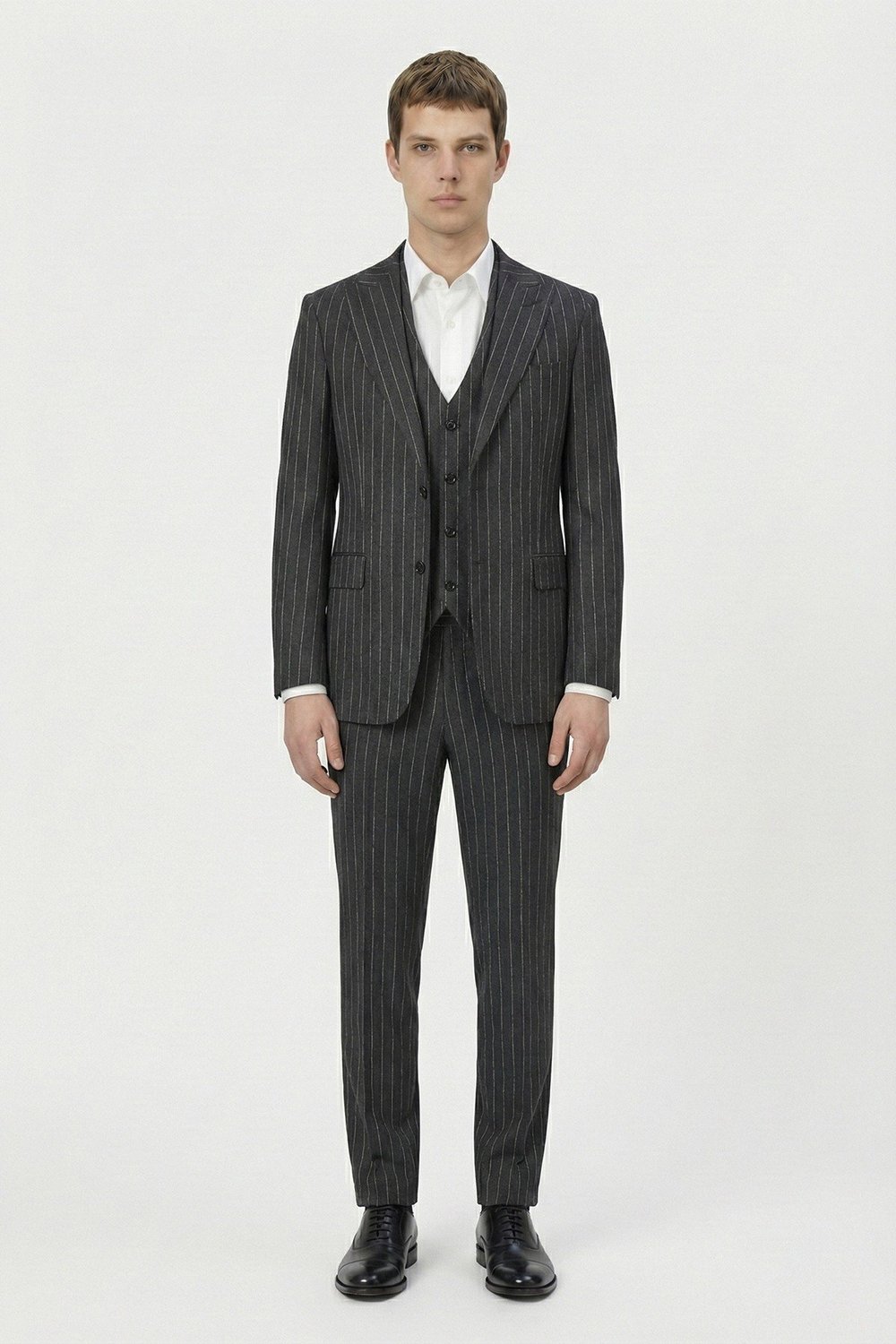 Giotelli Antrasit Slim Fit Çizgili Mono Yaka Yelekli 6 Drop Tam Astarlı Erkek Takım Elbise