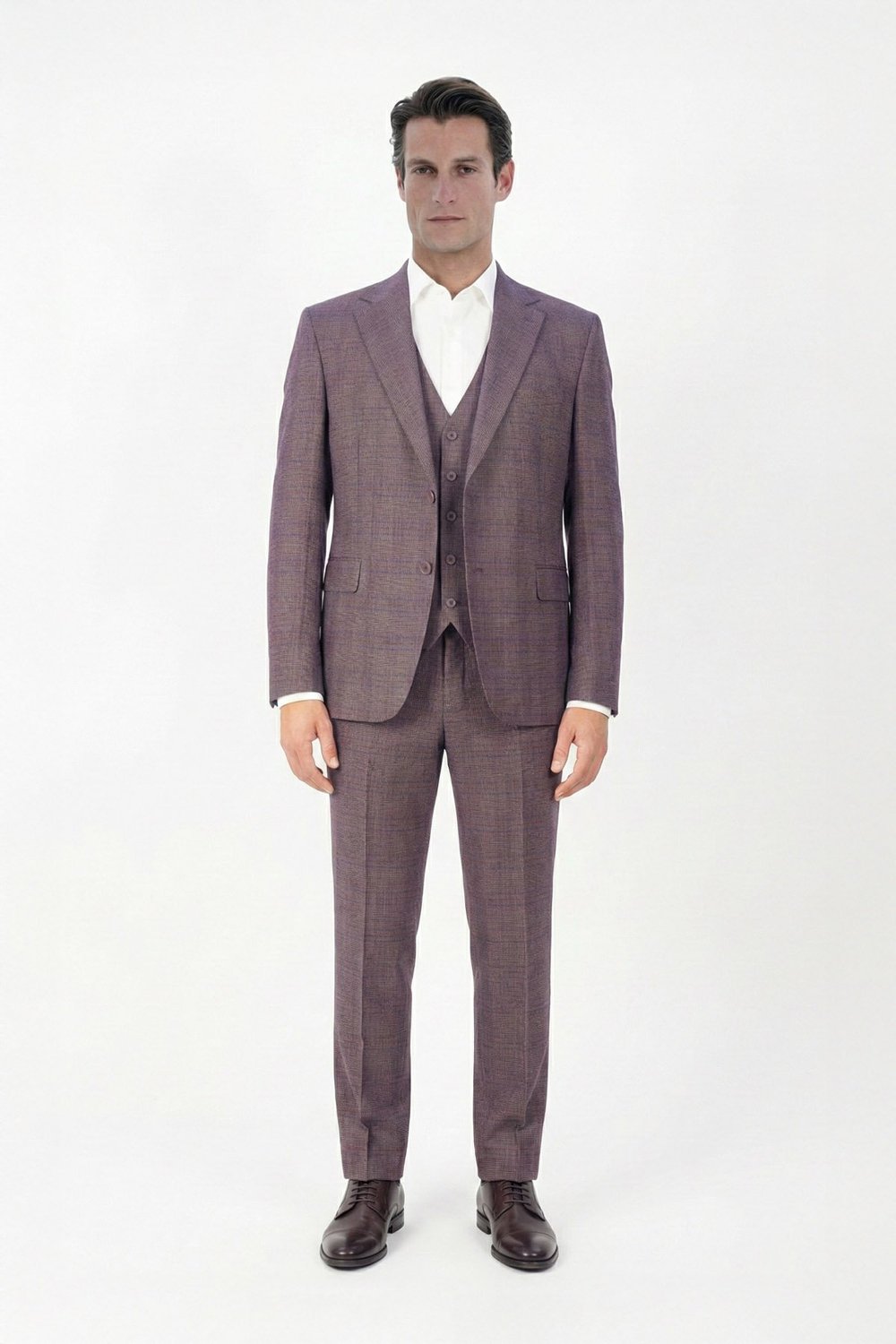 Giotelli Bordo Slim Fit Ekose Desenli Mono Yaka Takım Elbise