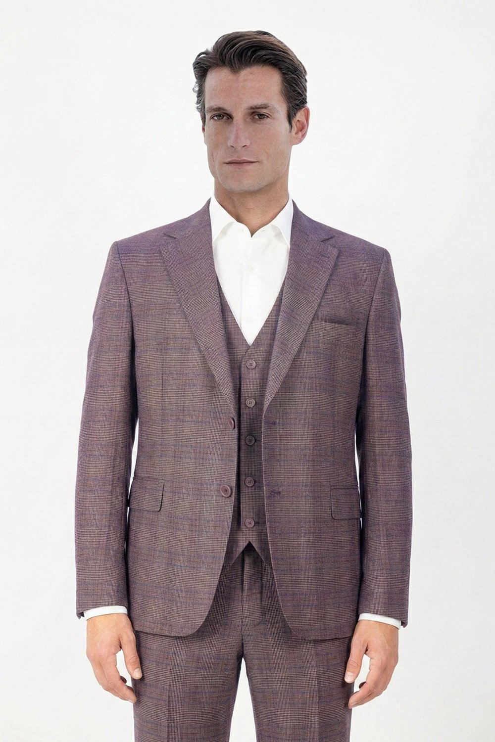 Giotelli Bordo Slim Fit Ekose Desenli Mono Yaka Takım Elbise