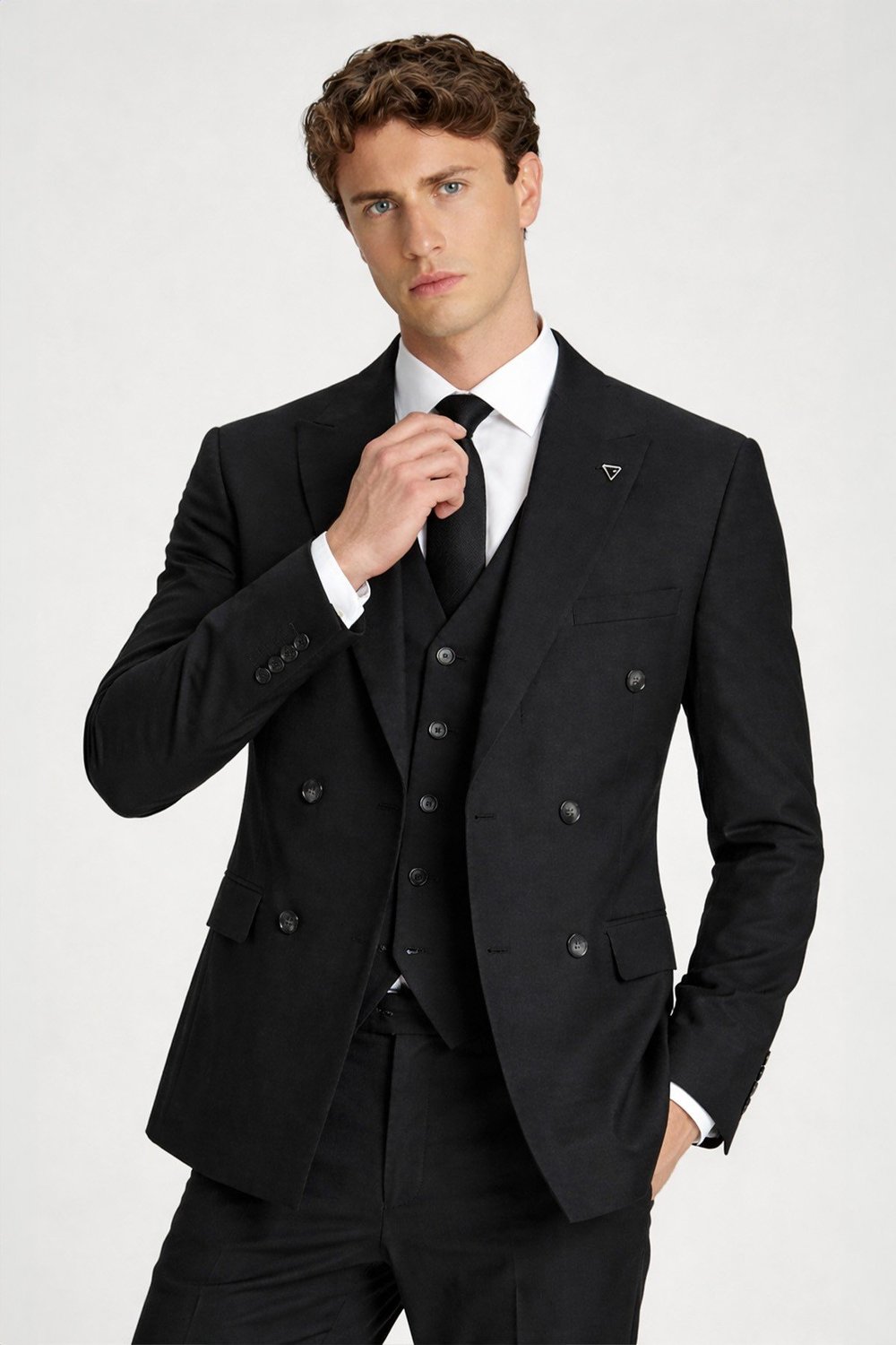 Giotelli Erkek Siyah Comfort Fit Düz Kruvaze Yaka 6 Drop Dokuma Fleto Kapaklı Cep Klasik Paça Tam Astarlı Çift Yırtmaç Takım Elbise