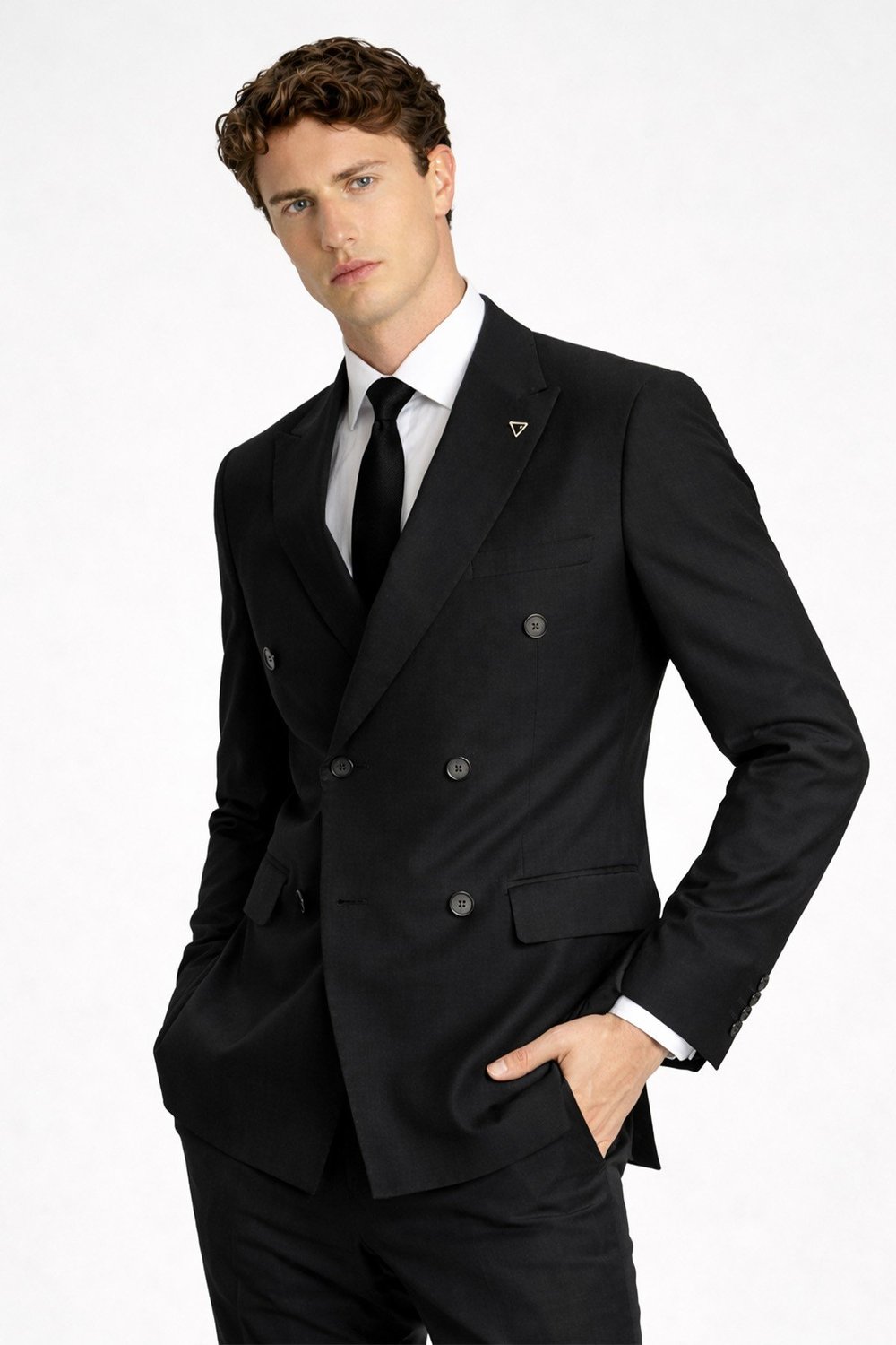 Giotelli Erkek Siyah Comfort Fit Düz Kruvaze Yaka 6 Drop Dokuma Fleto Kapaklı Cep Klasik Paça Tam Astarlı Çift Yırtmaç Takım Elbise