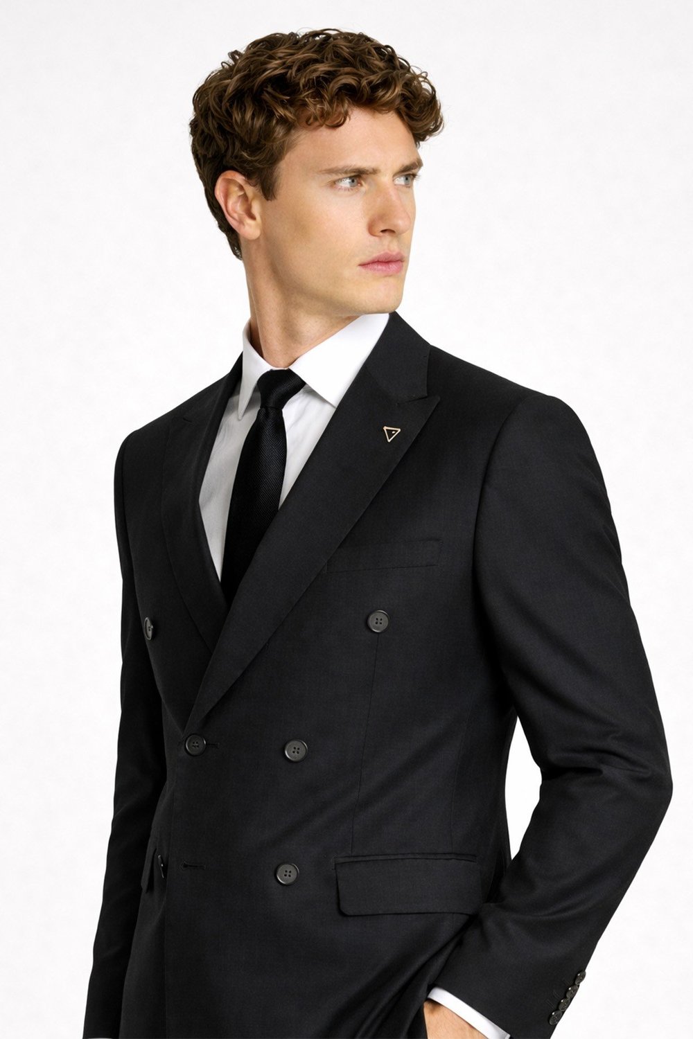 Giotelli Erkek Siyah Comfort Fit Düz Kruvaze Yaka 6 Drop Dokuma Fleto Kapaklı Cep Klasik Paça Tam Astarlı Çift Yırtmaç Takım Elbise