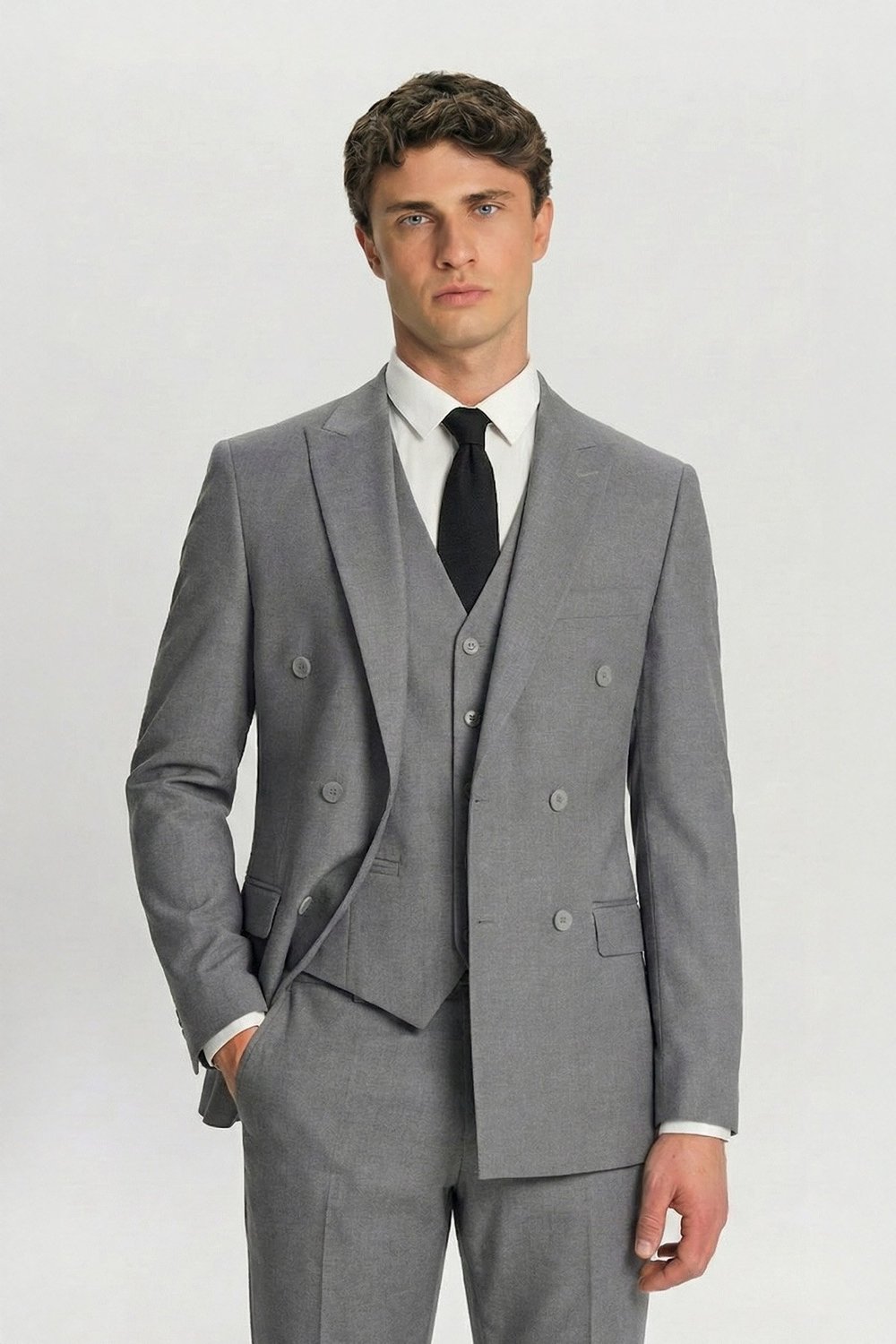 Giotelli Erkek Gri Comfort Fit Düz Kruvaze Yaka 6 Drop Dokuma Fleto Kapaklı Cep Klasik Paça Tam Astarlı Çift Yırtmaç Takım Elbise