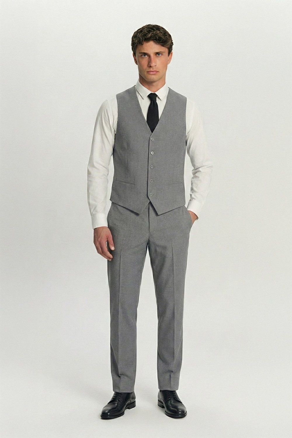 Giotelli Erkek Gri Comfort Fit Düz Kruvaze Yaka 6 Drop Dokuma Fleto Kapaklı Cep Klasik Paça Tam Astarlı Çift Yırtmaç Takım Elbise
