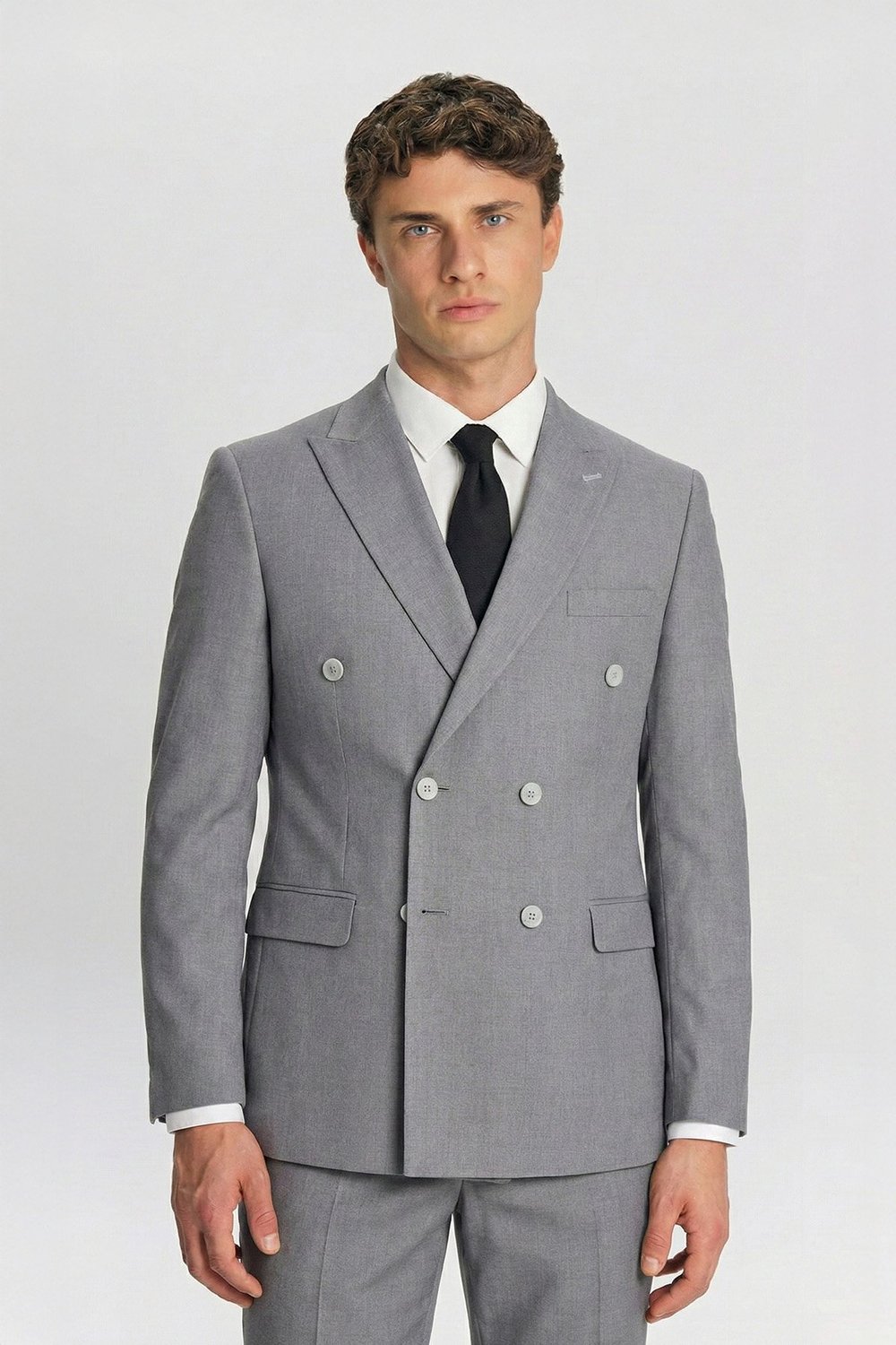 Giotelli Erkek Gri Comfort Fit Düz Kruvaze Yaka 6 Drop Dokuma Fleto Kapaklı Cep Klasik Paça Tam Astarlı Çift Yırtmaç Takım Elbise