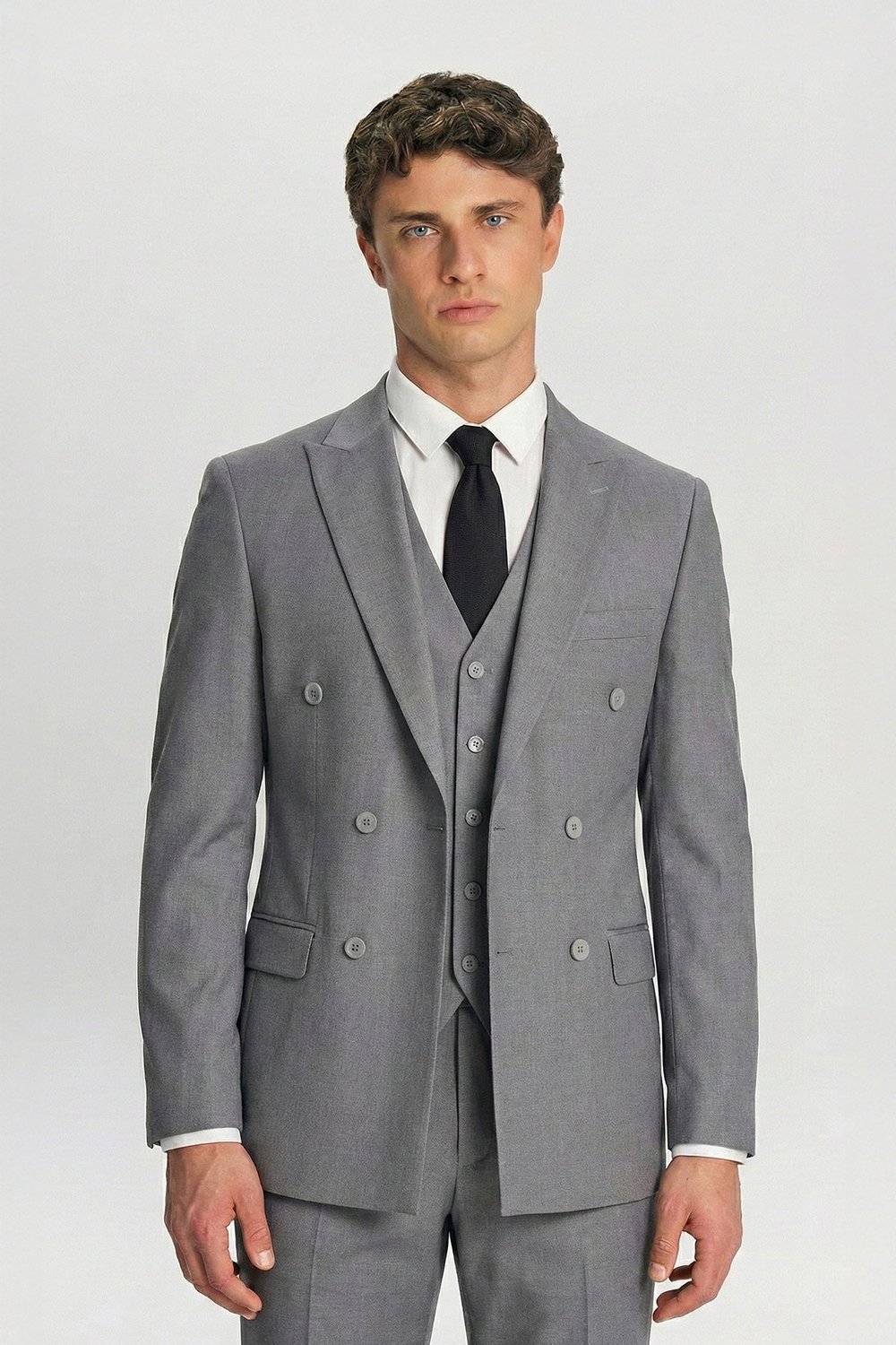 Giotelli Erkek Gri Comfort Fit Düz Kruvaze Yaka 6 Drop Dokuma Fleto Kapaklı Cep Klasik Paça Tam Astarlı Çift Yırtmaç Takım Elbise