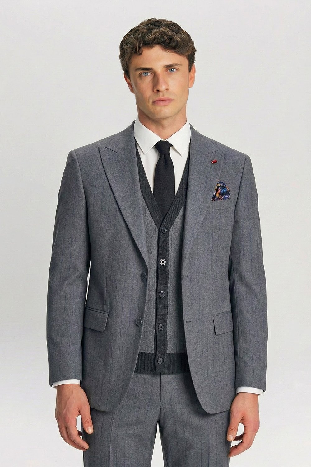 Giotelli Gri Triko Yelekli 6 Drop Polyester Viskon Karışımlı Erkek Takım Elbise