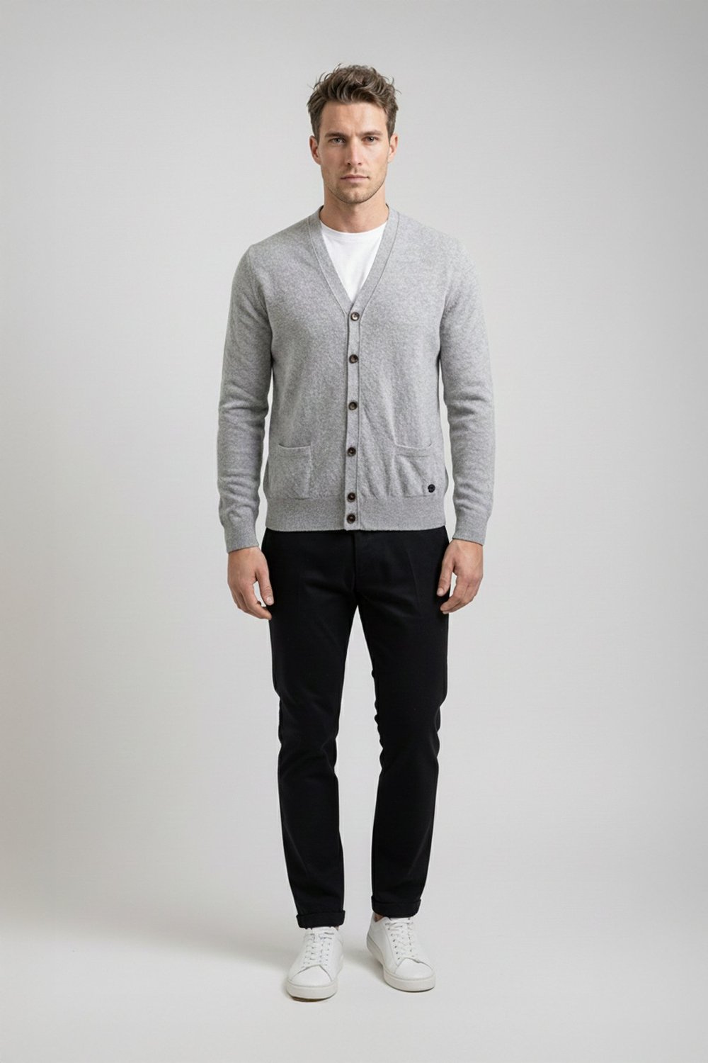 Giotelli Gri Regular Fit Yün Karışımlı V Yaka Düğmeli Erkek Triko Hırka