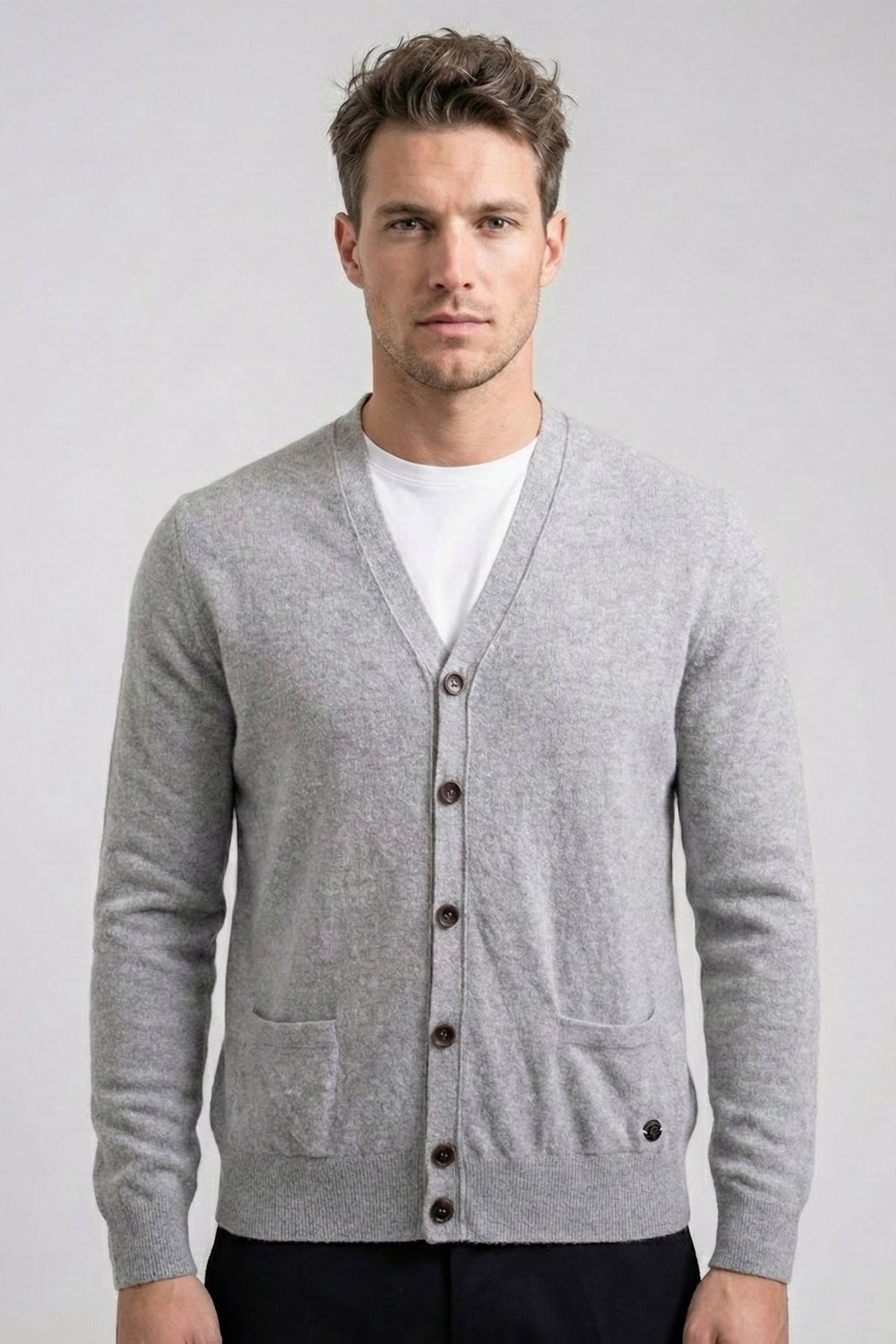 Giotelli Gri Regular Fit Yün Karışımlı V Yaka Düğmeli Erkek Triko Hırka