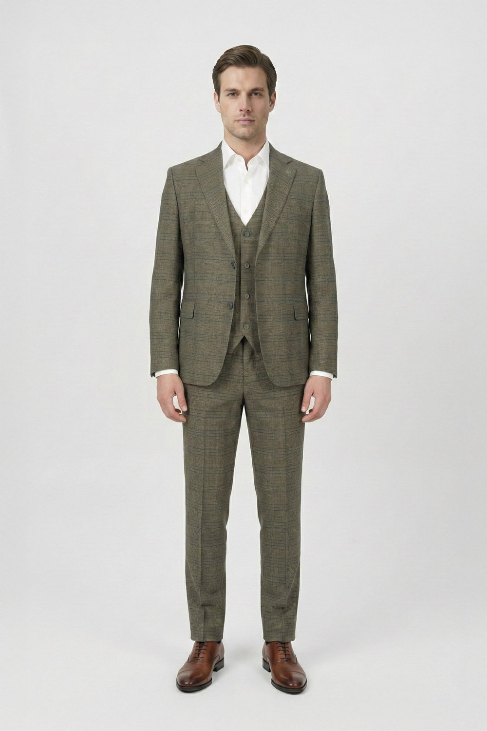 Giotelli Kahve Slim Fit Ekose Desenli Mono Yaka Takım Elbise