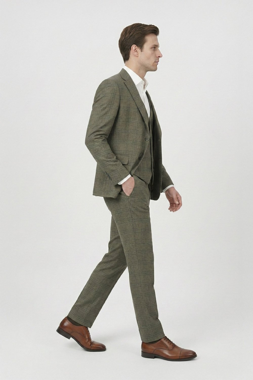 Giotelli Kahve Slim Fit Ekose Desenli Mono Yaka Takım Elbise