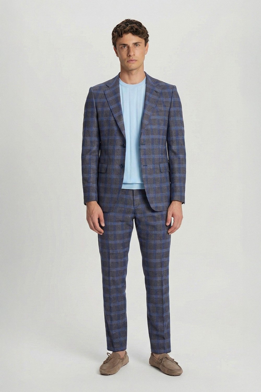 Giotelli Kahverengi Slim Fit Mono Yaka Ekose Desenli Yelekli Takım Elbise