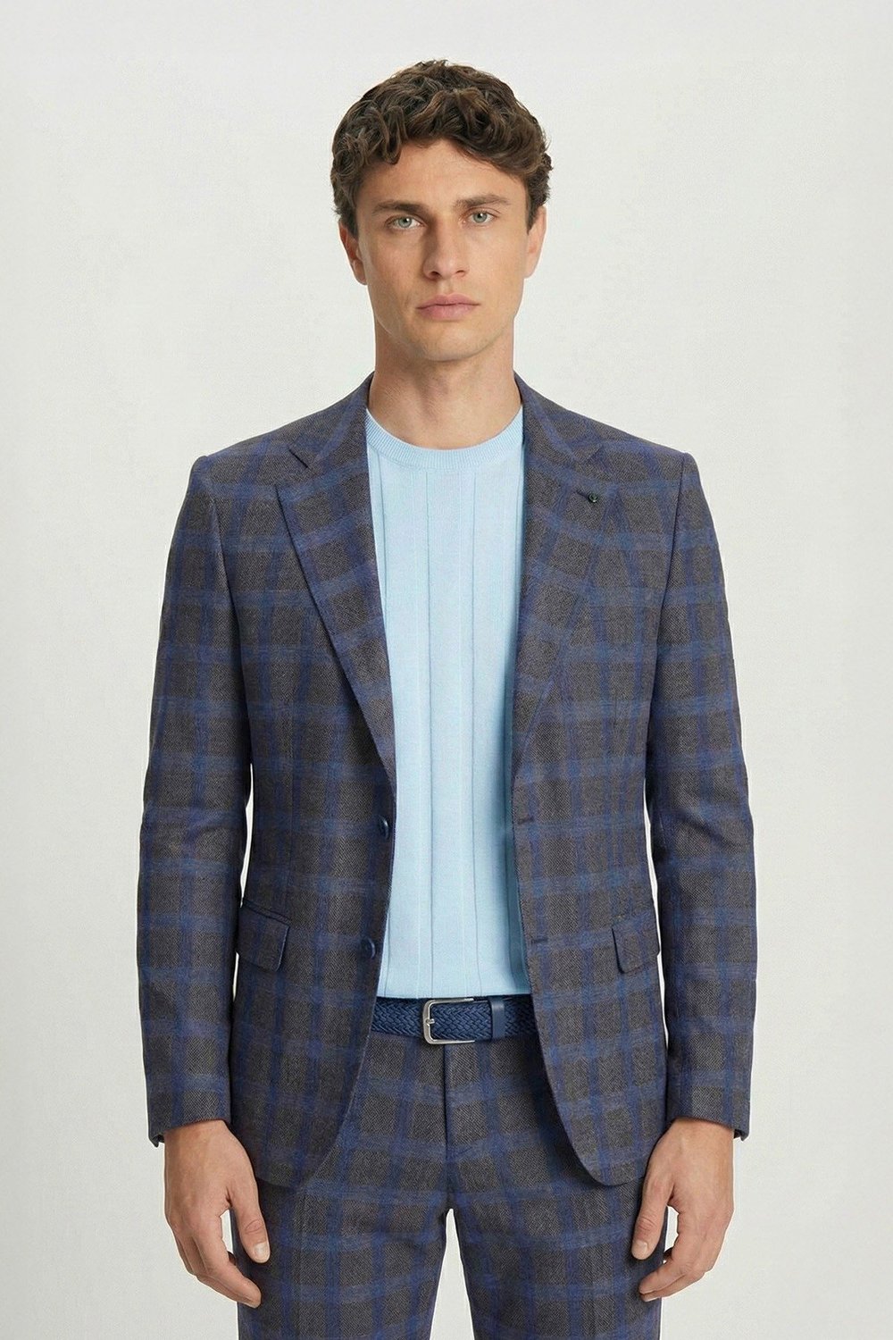 Giotelli Kahverengi Slim Fit Mono Yaka Ekose Desenli Yelekli Takım Elbise