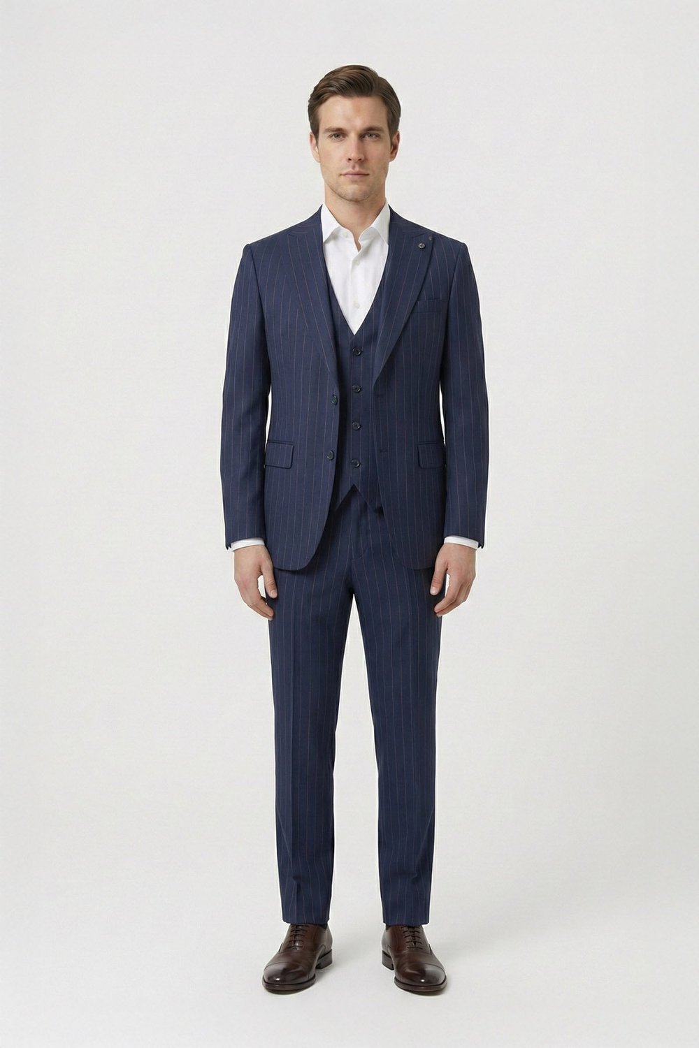 Giotelli Lacivert Slim Fit Çizgili Mono Yaka Yelekli 6 Drop Tam Astarlı Erkek Takım Elbise