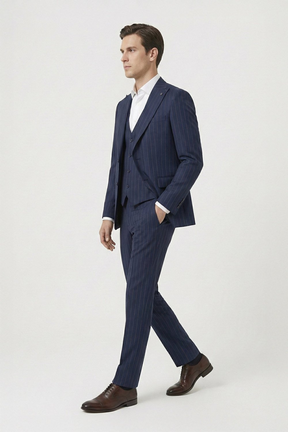 Giotelli Lacivert Slim Fit Çizgili Mono Yaka Yelekli 6 Drop Tam Astarlı Erkek Takım Elbise