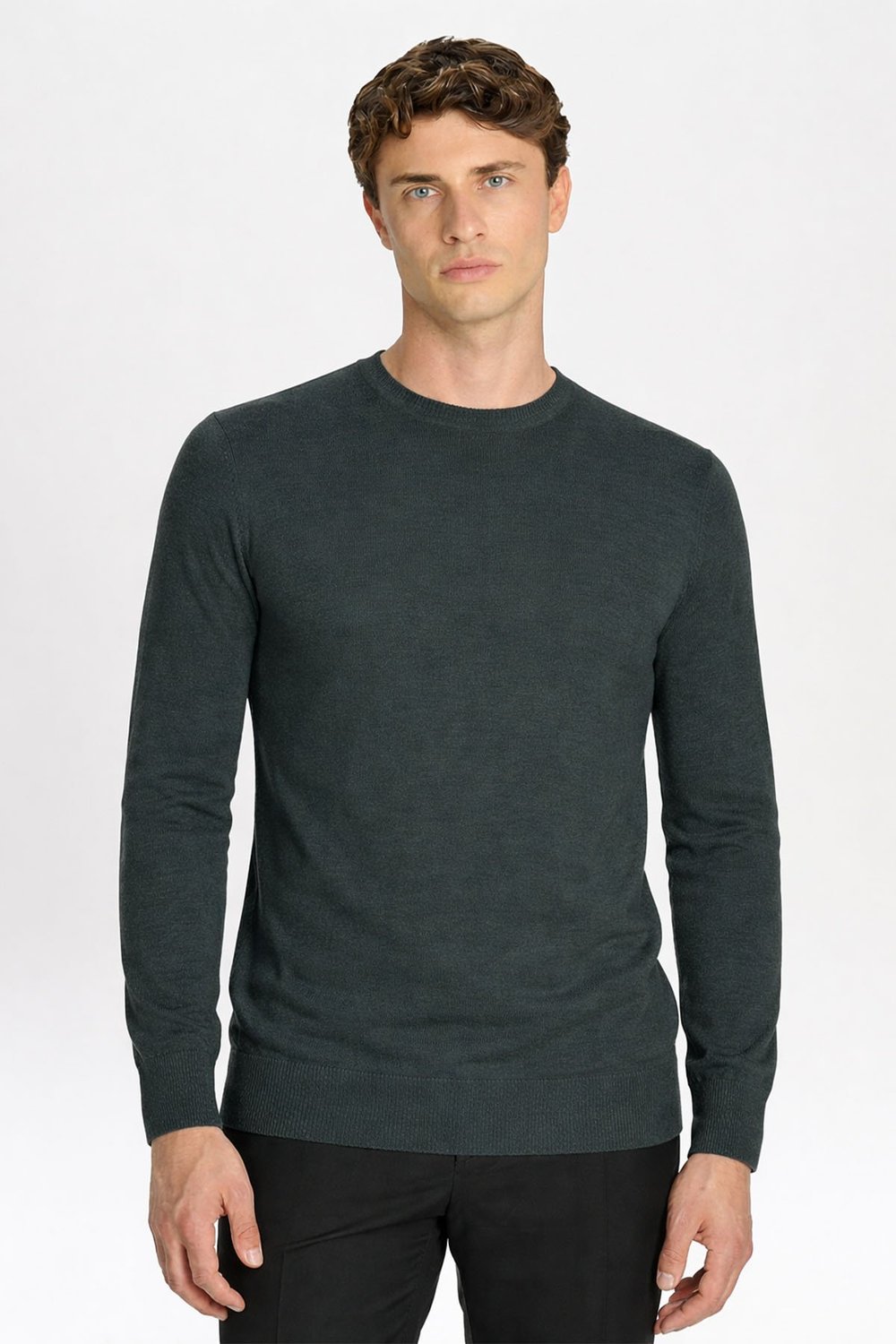 Giotelli Standart Fit Yeşil Melanj Yün Karışımlı Bisiklet Yaka Düz Desen Erkek Triko Kazak