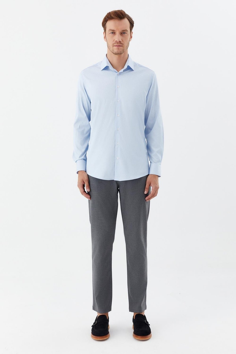 Erkek Açık Mavi Çizgili Poligotlu Yaka Slim Fit Gömlek