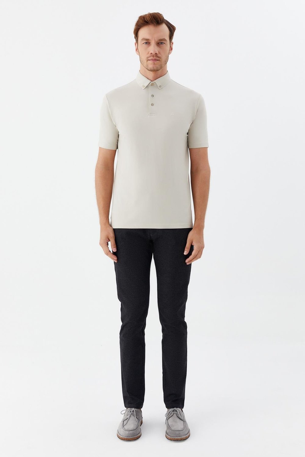 Erkek Bej Standart Fit Gömlek Yaka Tişört – Kısa Kollu