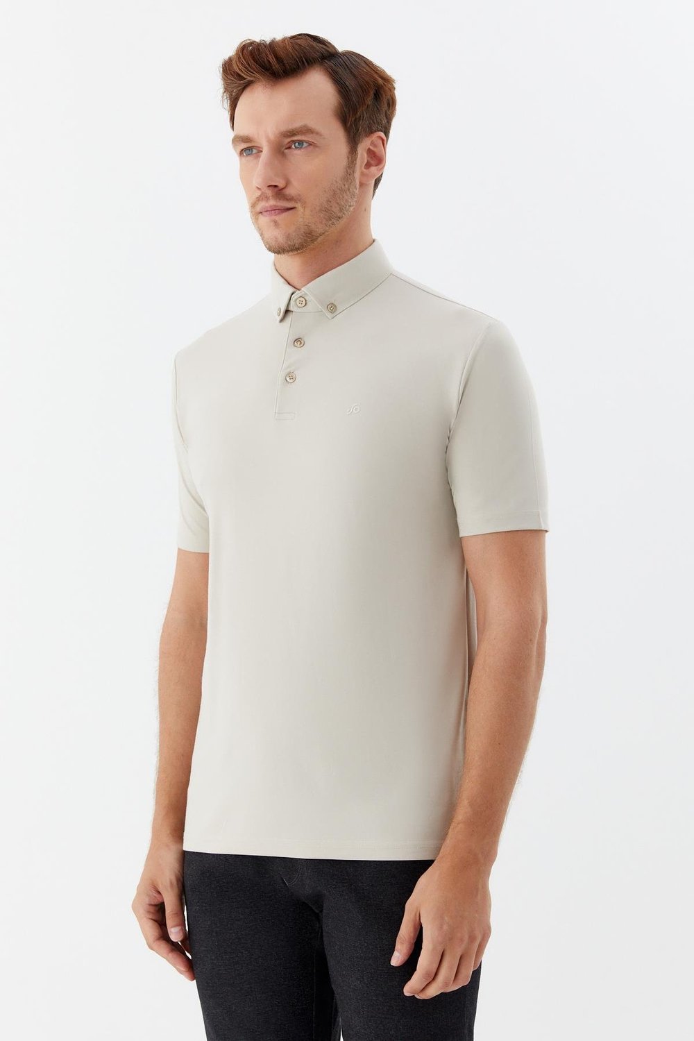 Erkek Bej Standart Fit Gömlek Yaka Tişört – Kısa Kollu