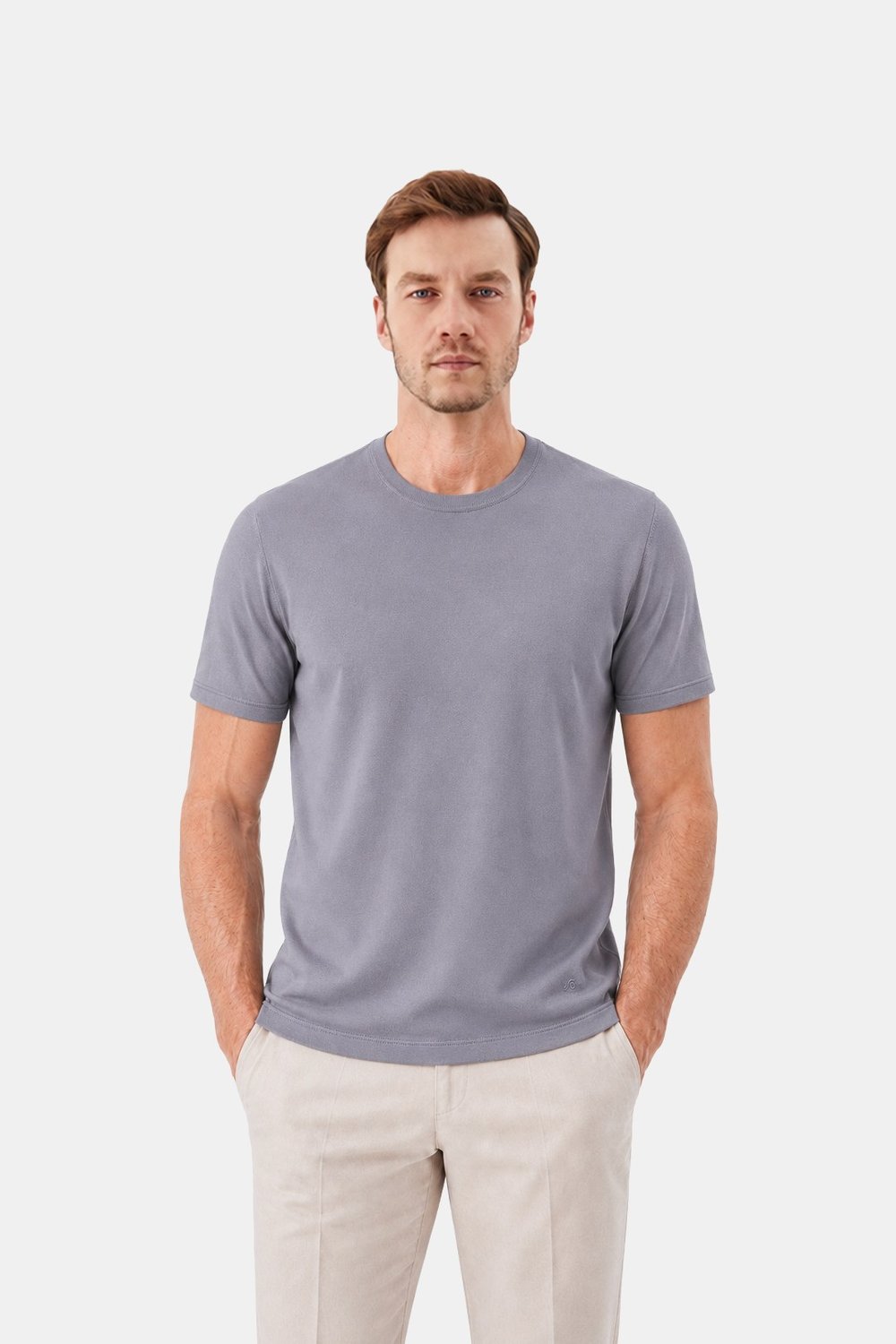 Gri %100 Pamuk Regular Fit Dokuma Bisiklet Yaka Basic T-Shirt
