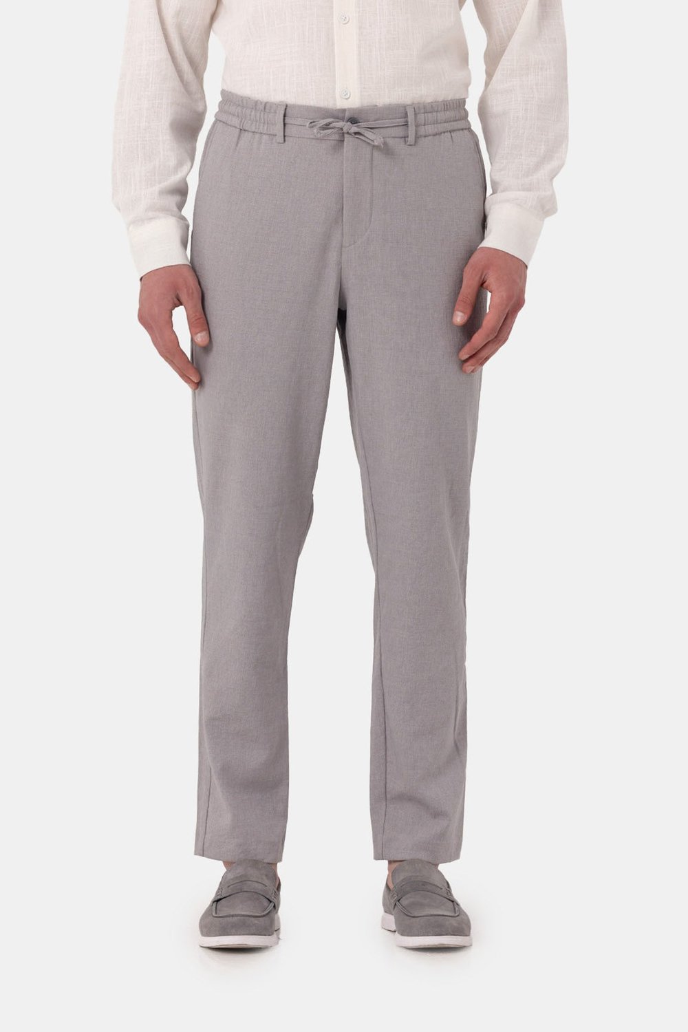 Gri Keten Görünümlü Arka Lastikli Köprü Kemerli Bağcıklı Regular Fit Jogger Pantolon