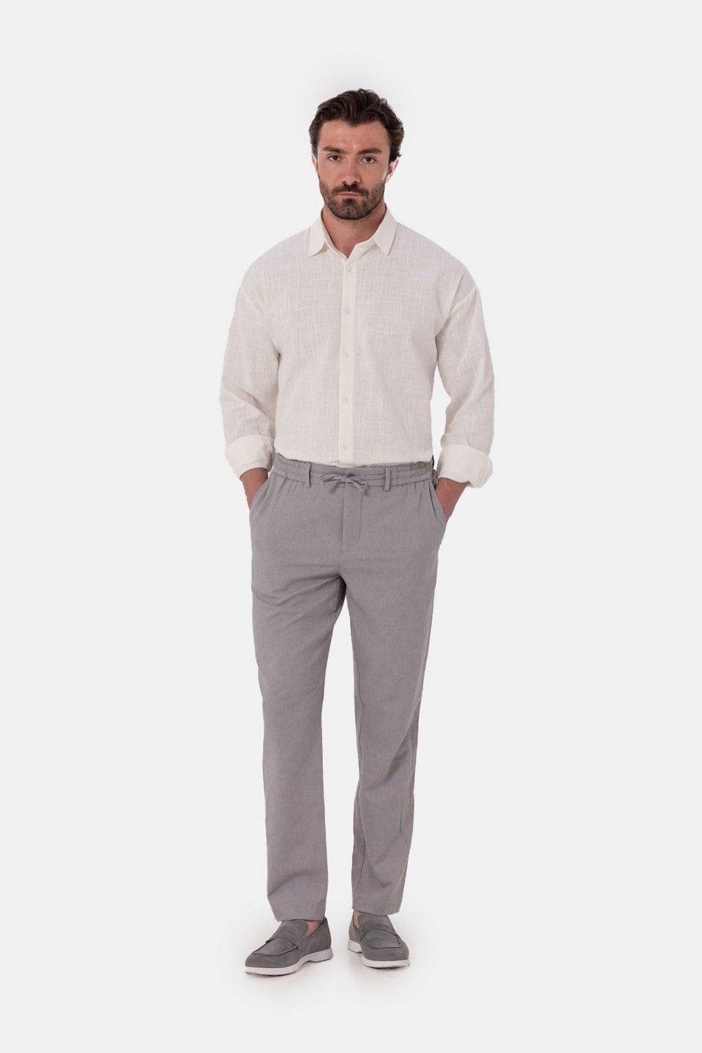 Gri Keten Görünümlü Arka Lastikli Köprü Kemerli Bağcıklı Regular Fit Jogger Pantolon